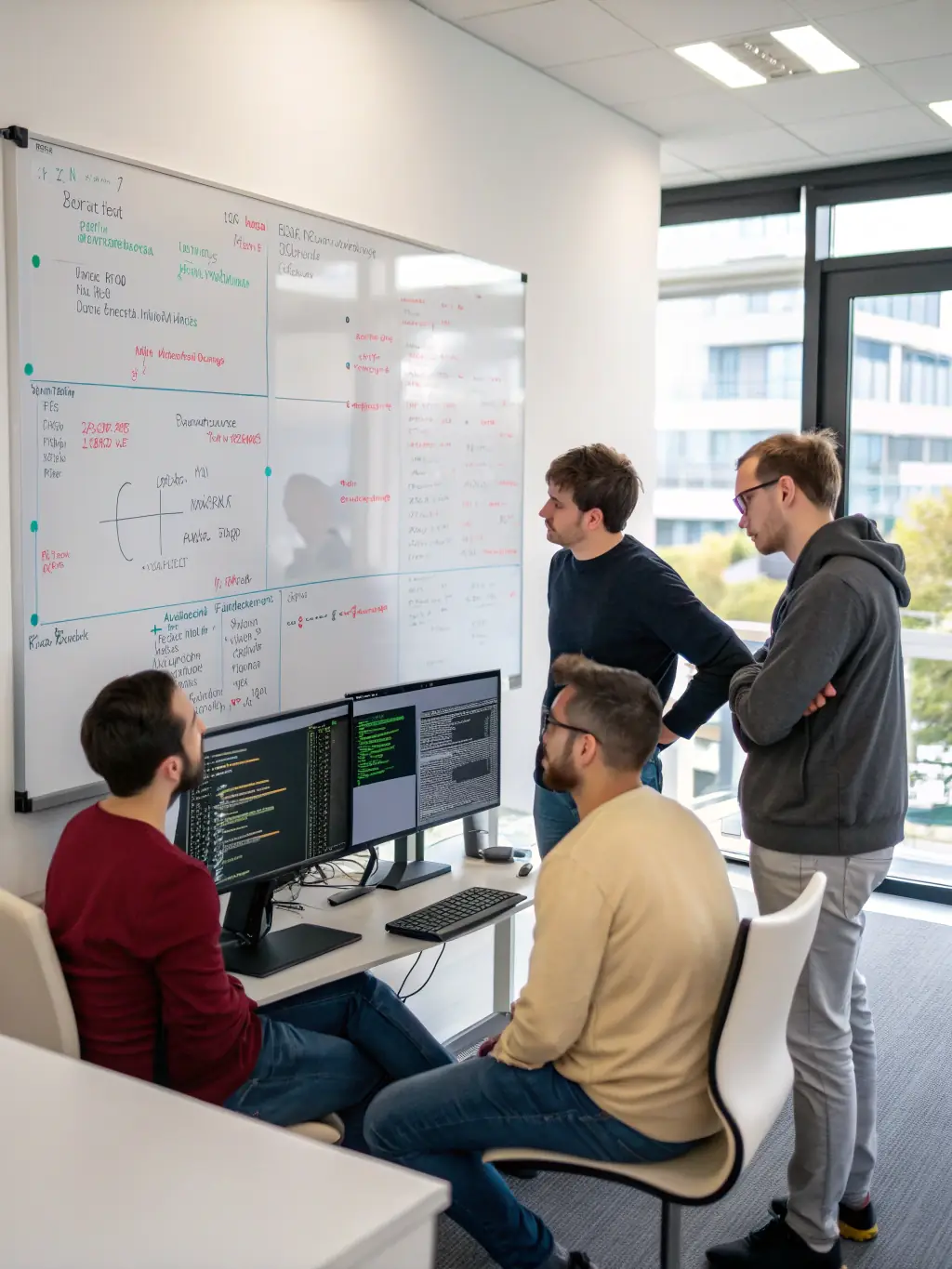 An architectural diagram of a distributed system on a whiteboard with team collaboration, representing Systems Architecture Design services.