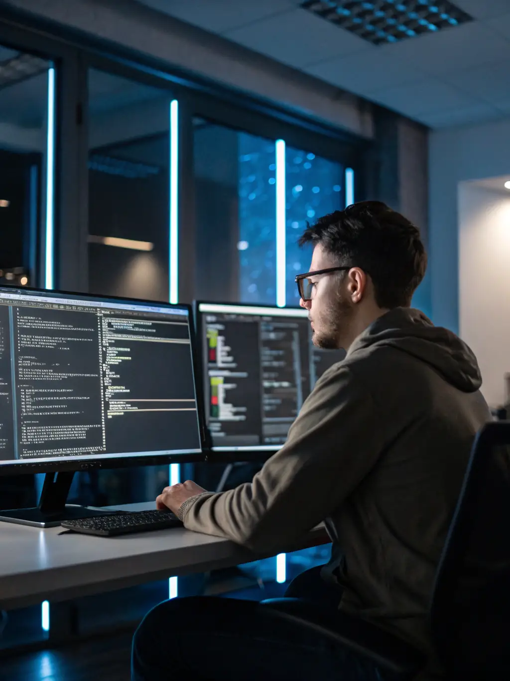 An image showing a developer analyzing system diagrams on a computer screen, representing System Characterization services.