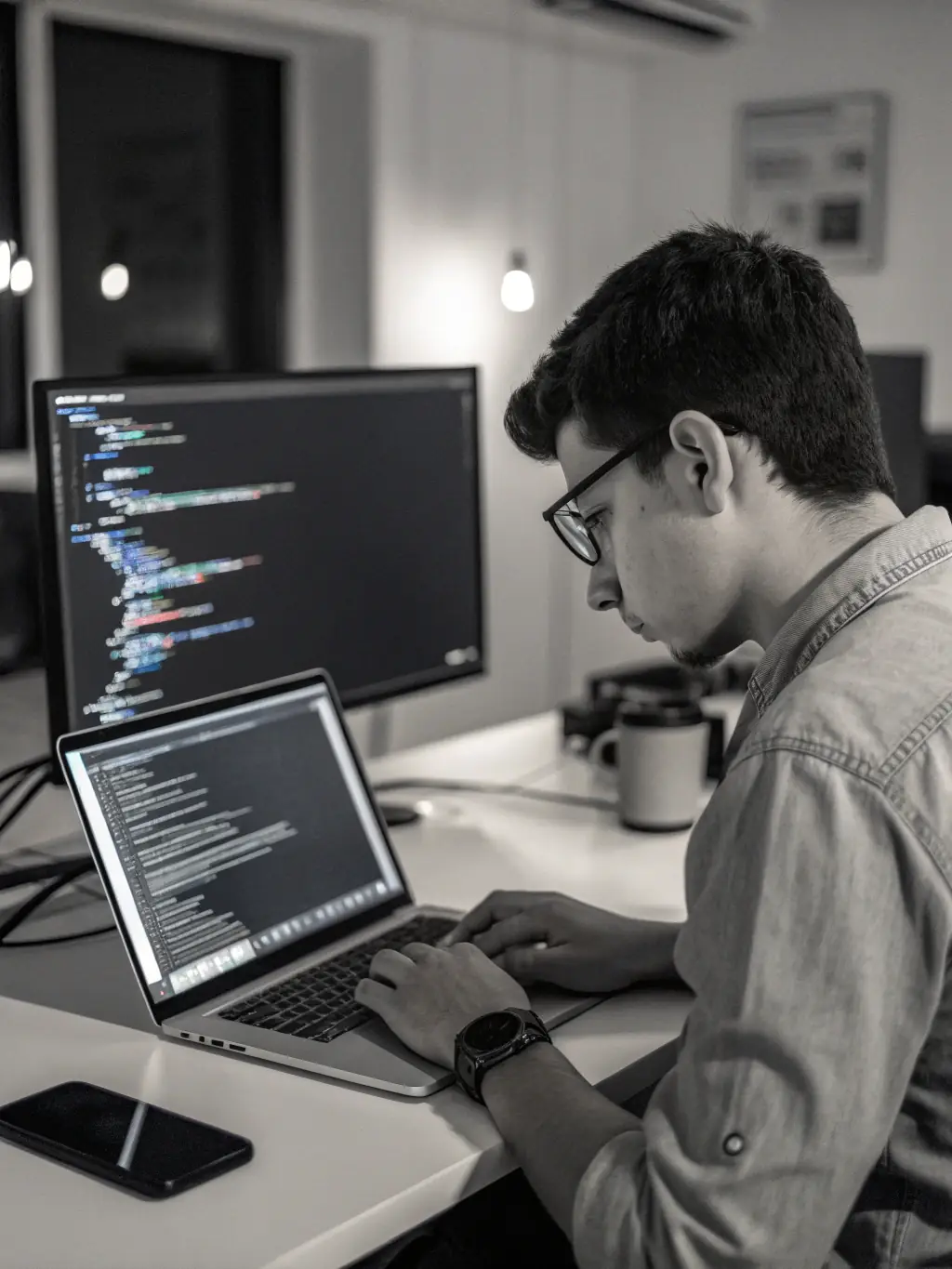 A developer coding on a laptop with multiple screens displaying code and system architecture diagrams, representing Software Development services.